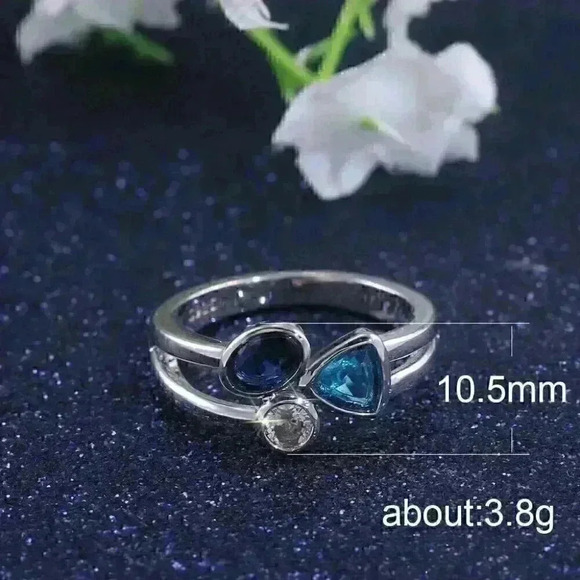 New Sterling Silver Blue Sapphire Aquamarine Diamond Ring - Picture 6 of 7